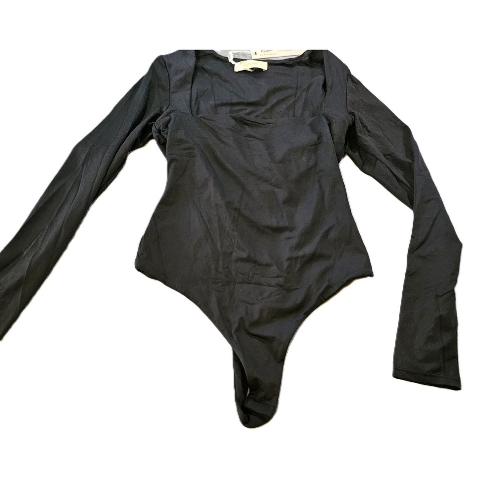 Qinsen Womens Black Long Sleeve Bodysuit Square Neck Minimalist Workwear Size M